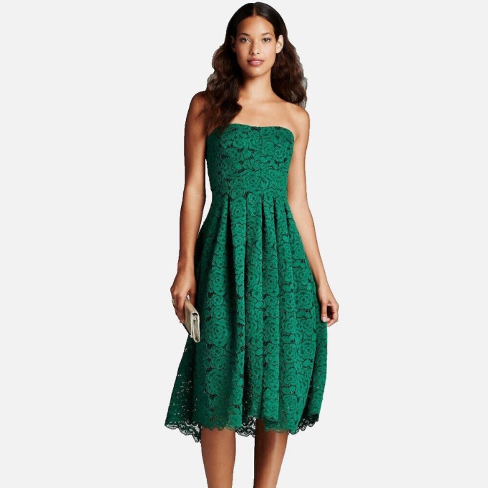 Vera Wang Emerald Green Lace Strapless Cocktail Dress Midi Size 2 Formal